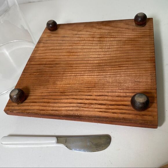 NEW Vintage Cheese Tray Glass Dome, Knife, Removable Cutting Board, Stainless - Picture 5 of 5